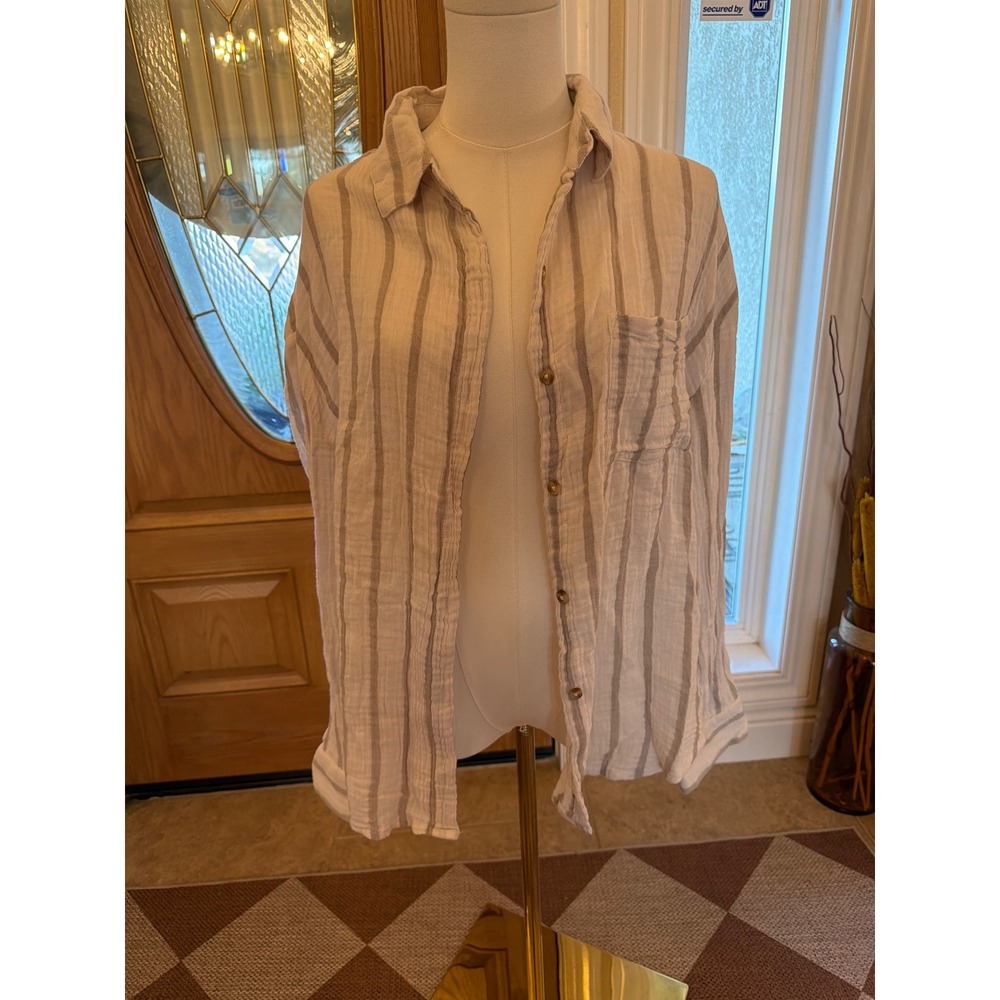 RSQ Womens Medium Striped Cotton Gauze Button Down Shirt Cream Tan Long Sleeve